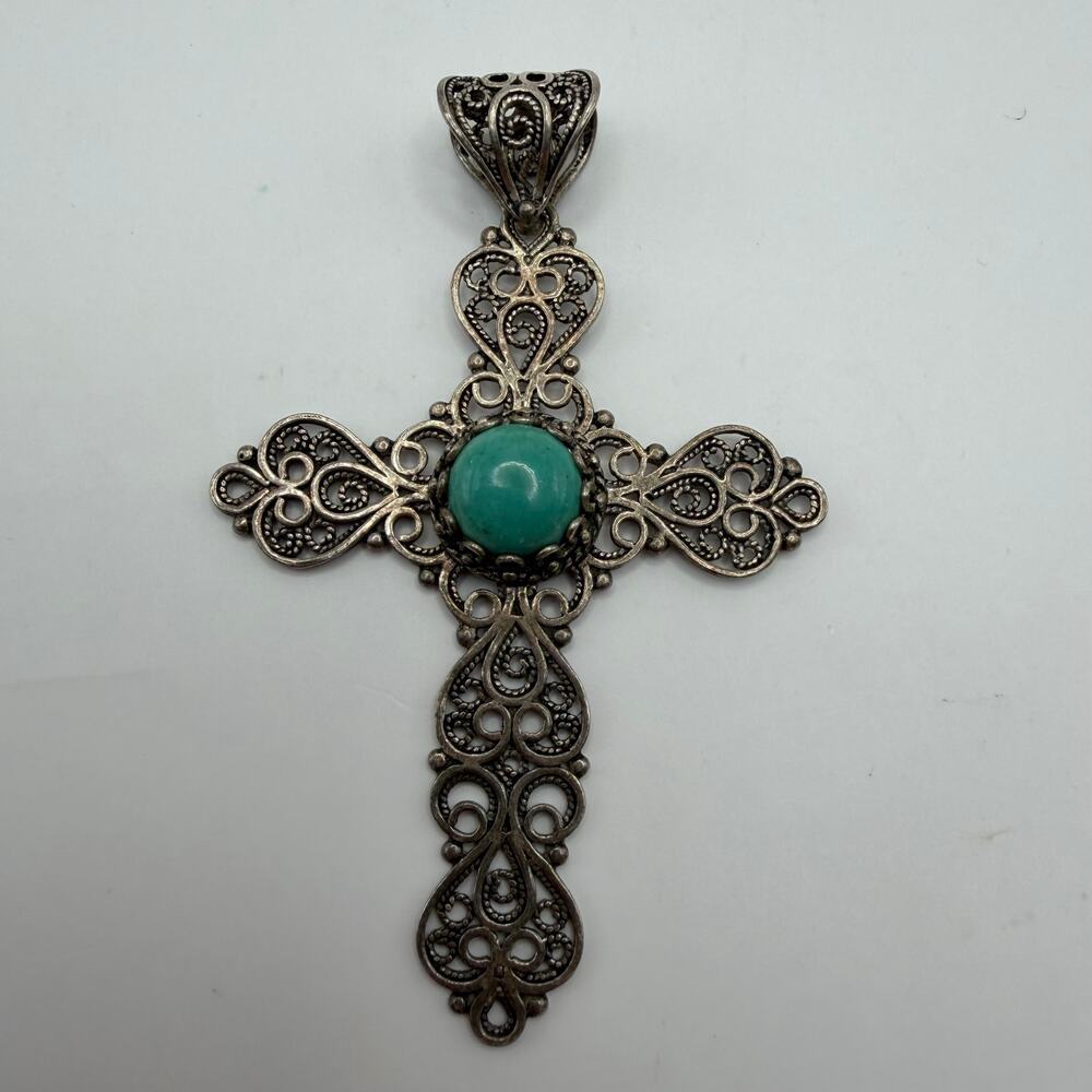 Vintage Turkish 925 Sterling Silver Filigree Turquoise Cross Pendant